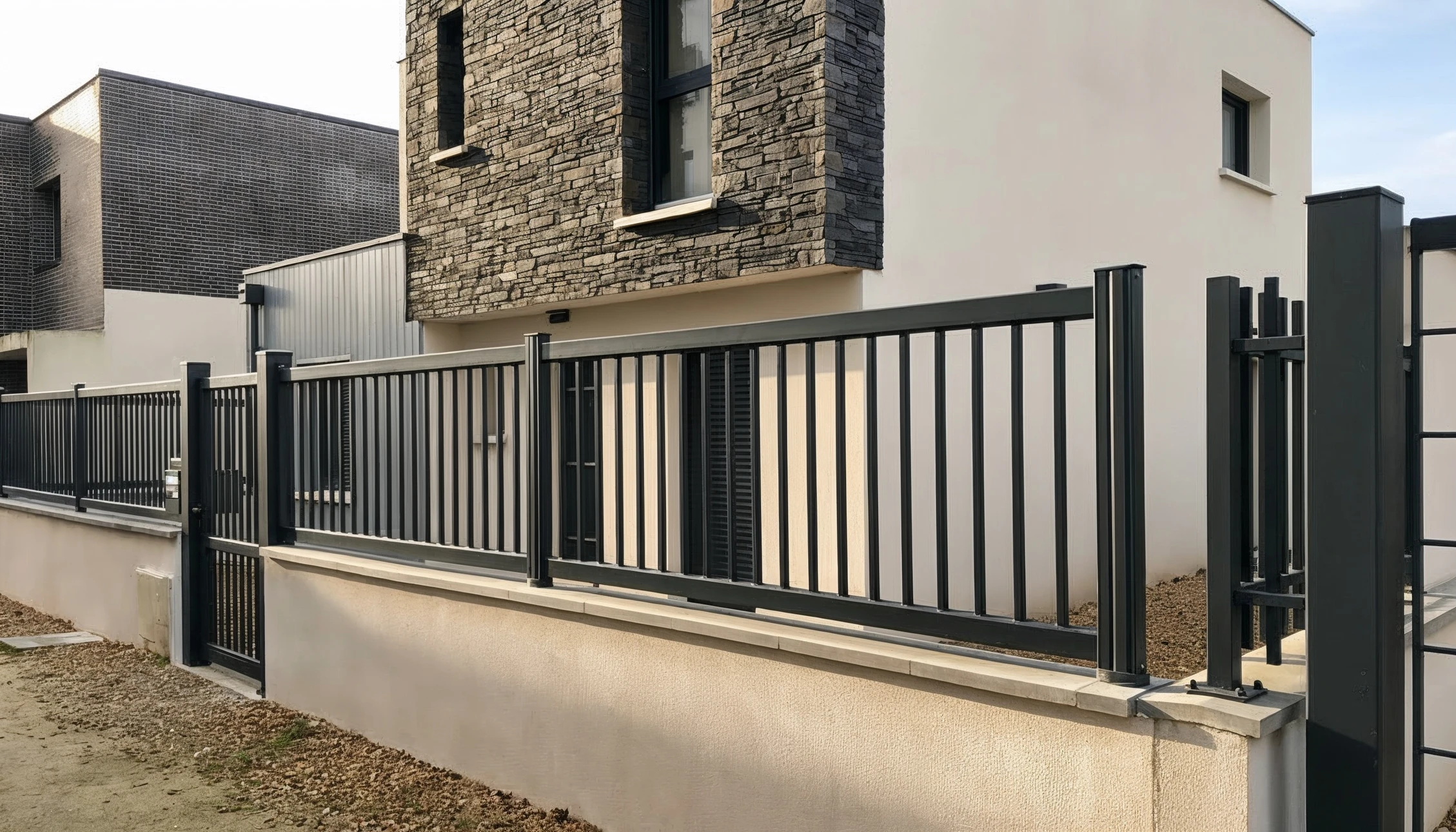 Maison contemporaine &agrave; &eacute;tage avec fa&ccedil;ade grise et colonnes blanches, dot&eacute;e d'une terrasse sup&eacute;rieure avec balustrade m&eacute;tallique